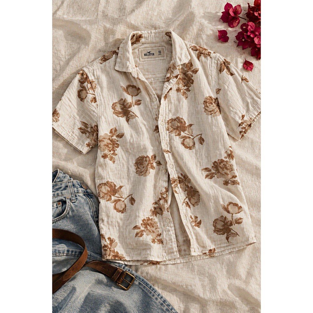 Hollister Mens XS White Tan Floral Cotton Gauze Button Down Shirt